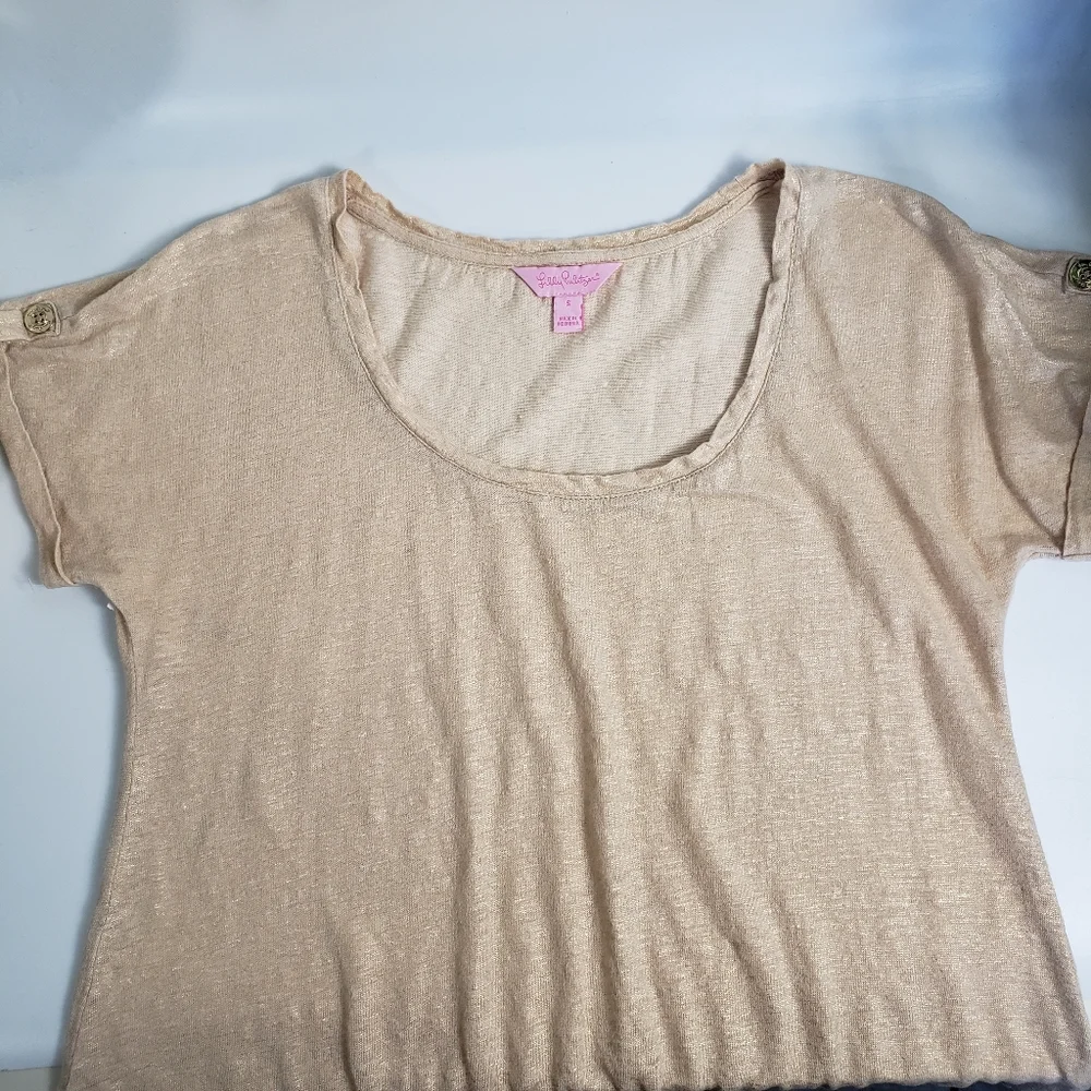Lilly Pulitzer Tan Glitter Fluttery Trim Scoop Neckline Pullover Linen sz Small